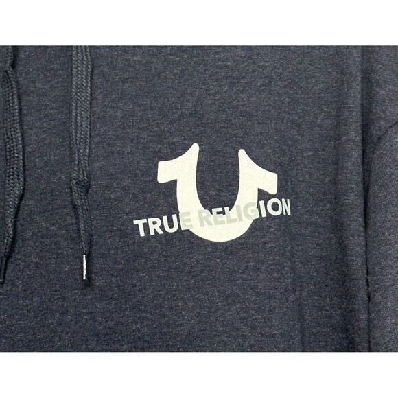 True Religion Jeans Hoodie Pullover Blue Horseshoe Logo Spelled Out Size L NWT - Picture 3 of 6